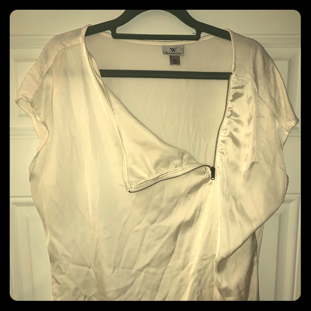 Cream colored blouse with zipper by neck